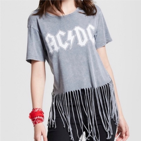 AC/DC Tops - AC/DC Grey Logo Short Sleeve T-Shirt With Long Fringe Size Medium